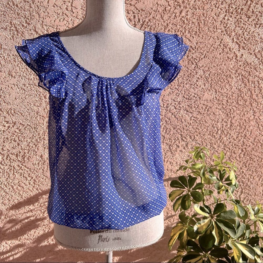 Zara blouse ruffle short sleeve white and blue heart design Small EUC